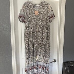 BloomChic Floral Maxi Dress with Cream and Brown Accents